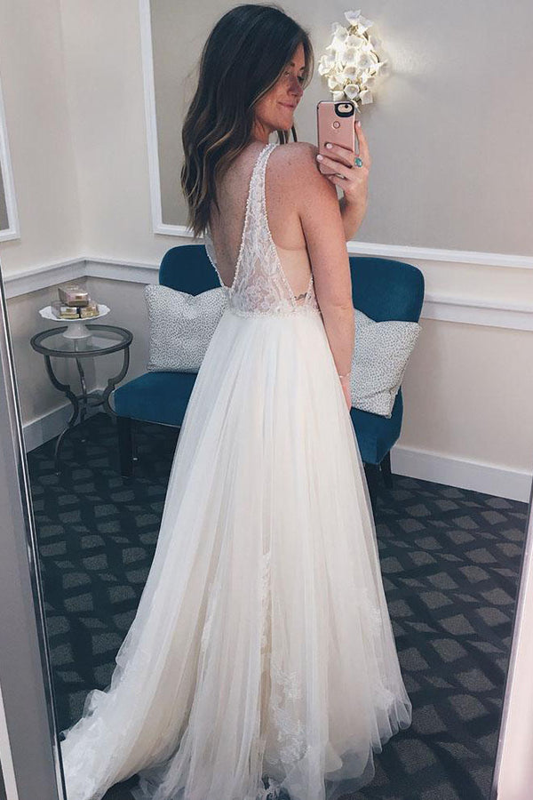 Long Illusion V Neck A-line Ivory Wedding Dress with Lace
