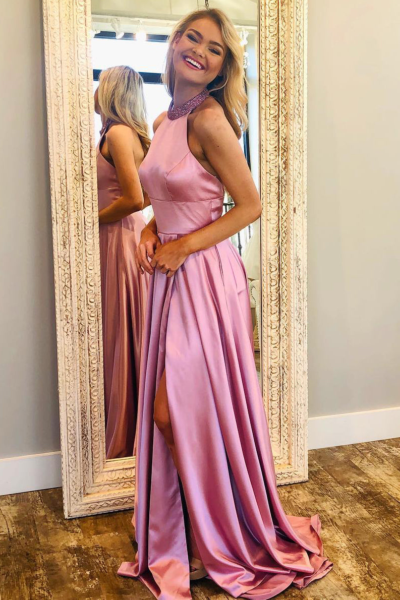 Beading Halter Long Pink Prom Dress with Slit