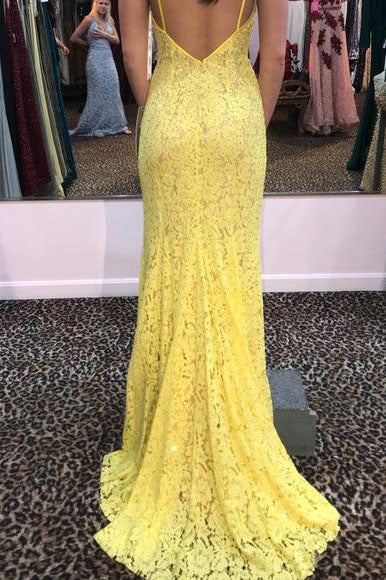 Sexy Yellow Floral Lace Spaghetti Strap Prom Dress with Slit