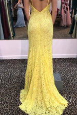 Elegant Mermaid Yellow Lace Evening Dress with High Slit