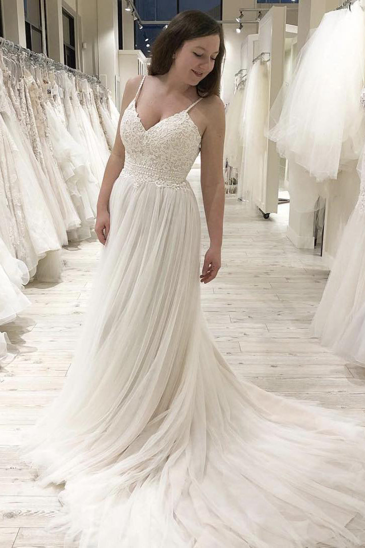 Long A-Line Spaghetti Straps White Wedding Dress with Lace Top FancyVestido Long A-Line Spaghetti Straps White Wedding Dress with Lace Top FancyVestido