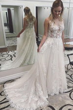 Long Lace Appliqued A-line White Wedding Dress with Court Train