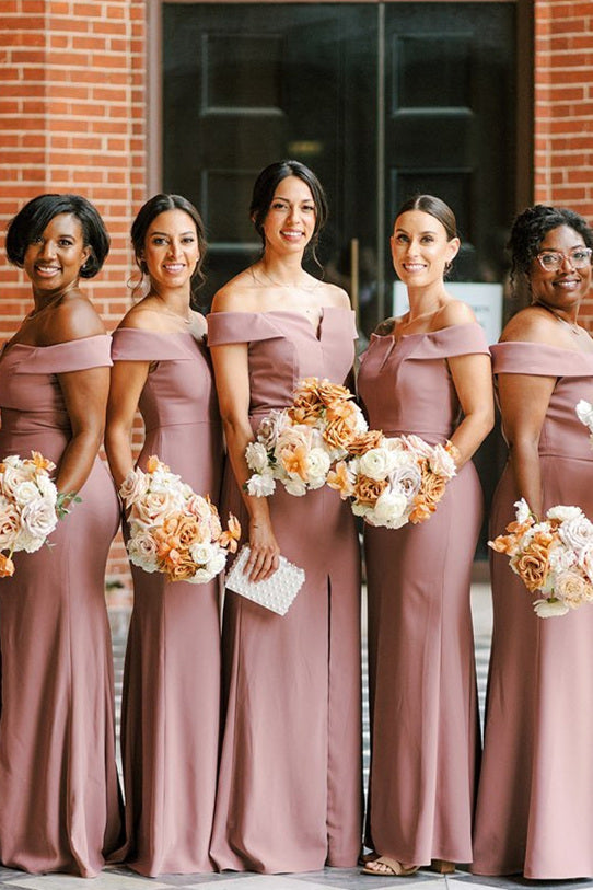 Blush Pink Off the Shoulder Bridesmaid Dress with Slit