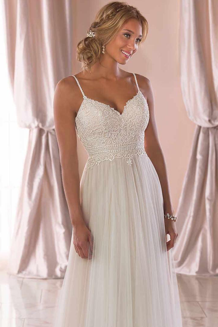 Long A-Line Spaghetti Straps White Wedding Dress with Lace Top