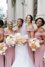 Blush Pink Off the Shoulder Bridesmaid Dress with Slit