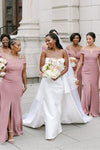 Blush Pink Off the Shoulder Bridesmaid Dress with Slit