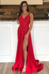 Elegant Red Satin Long Prom Dress with Slit