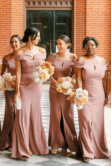 Blush Pink Off the Shoulder Bridesmaid Dress with Slit FancyVestido Blush Pink Off the Shoulder Bridesmaid Dress with Slit FancyVestido