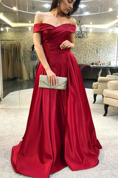 Elegant Red Satin Off-the-Shoulder A-Line Evening Prom Gown