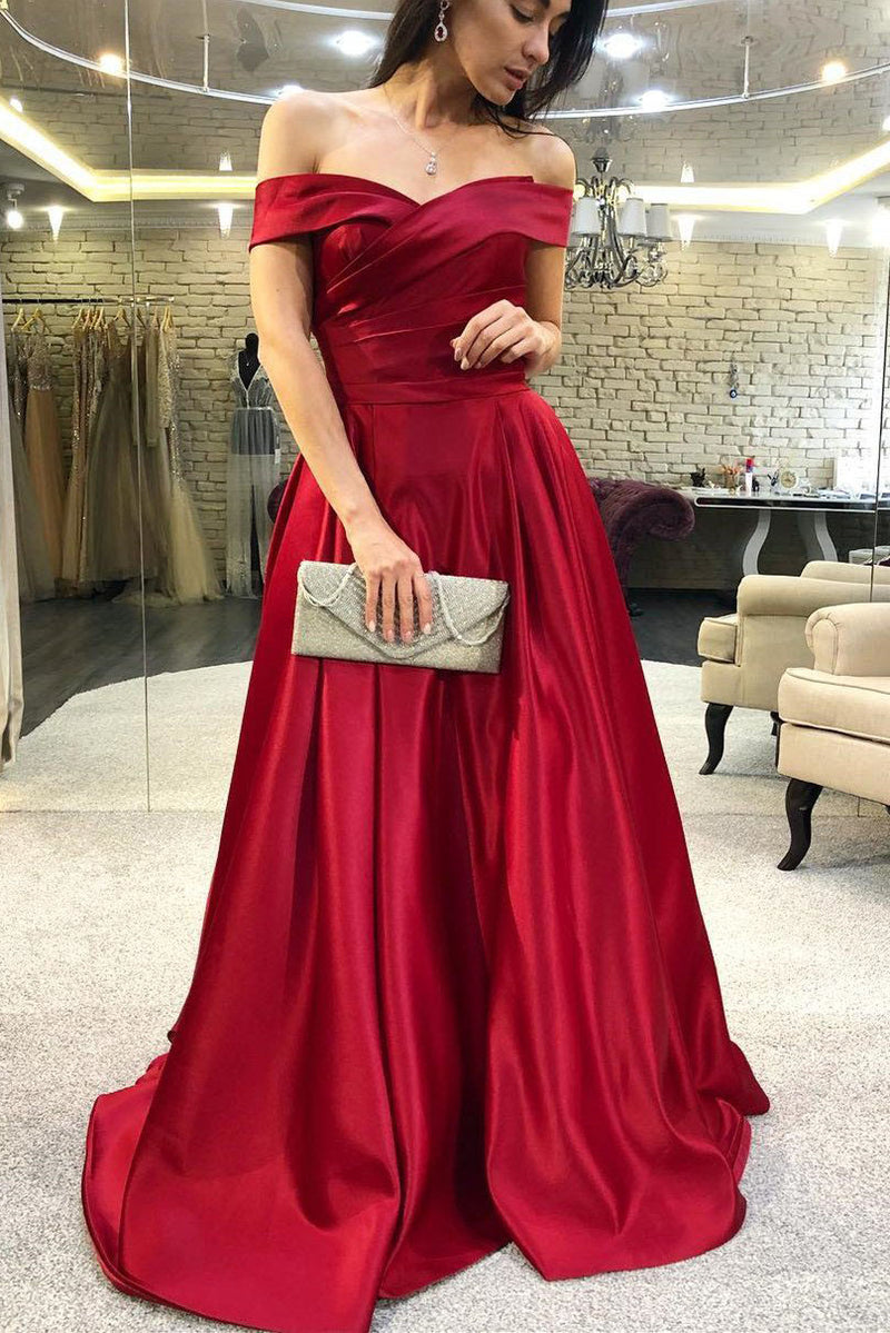 Elegant Off the Shoulder Red Long Prom Dress with Pleats