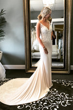 Long Sheath V-Neck Ivory Wedding Dress with Lace