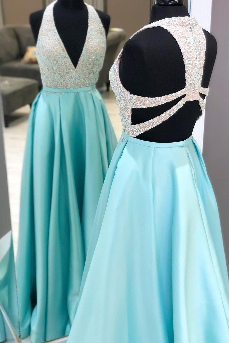 Plunging Neck Long Beading Ice Blue Prom Dress