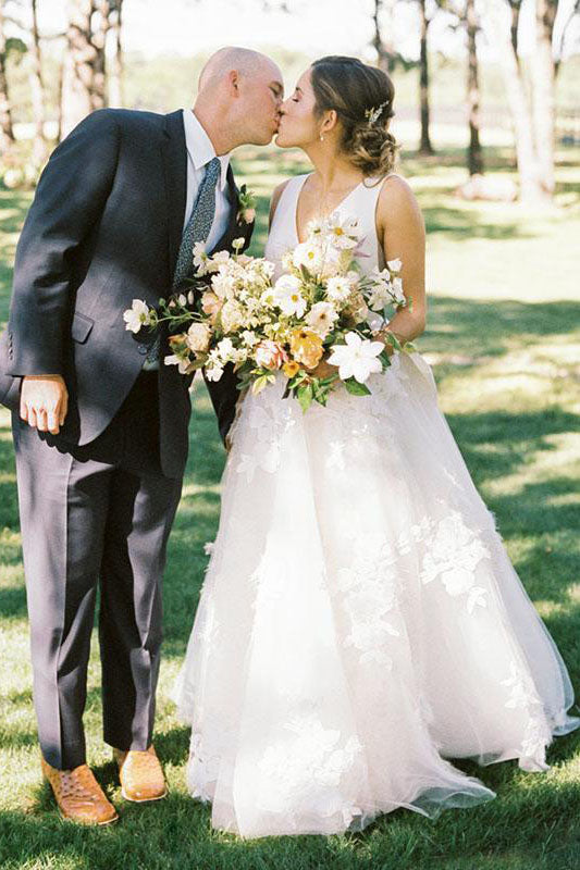 Long Open Back A-line V-Neck White Wedding Dress with Bowknot