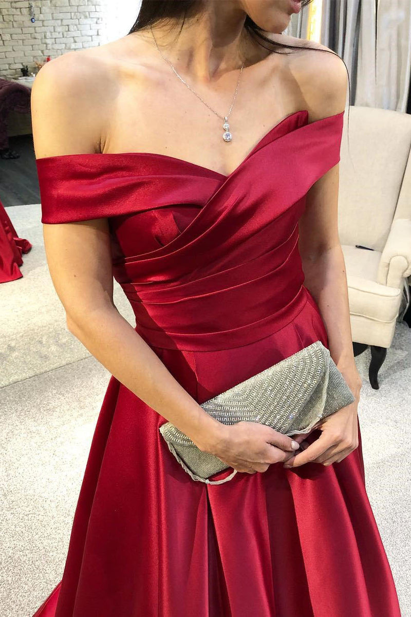 Elegant Off the Shoulder Red Long Prom Dress with Pleats
