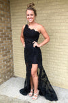 High Low One Shoulder Sheath Lace Black Prom Dress