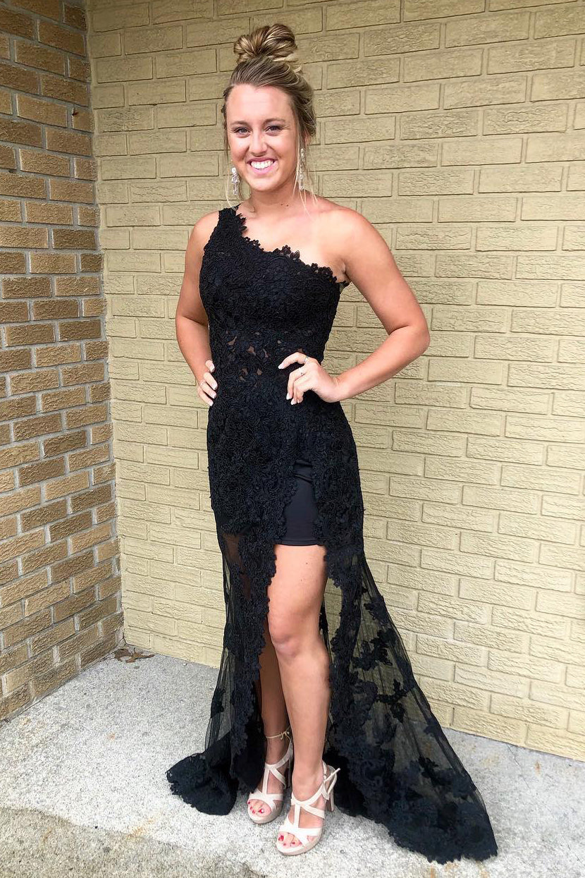 One Shoulder Sleeveless Lace Empire Leg Slit Prom Dress – FancyVestido