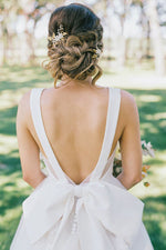 Long Open Back A-line V-Neck White Wedding Dress with Bowknot