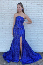 Strapless Royal Blue Sequins Long Prom Dress