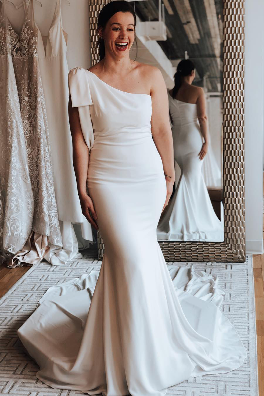 Long Mermaid One Shoulder Off White Wedding Dress with Chapel Train –  FancyVestido