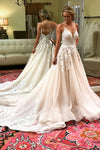 Long A-line Spaghetti Strap Ivory Bridal Dress with White Lace
