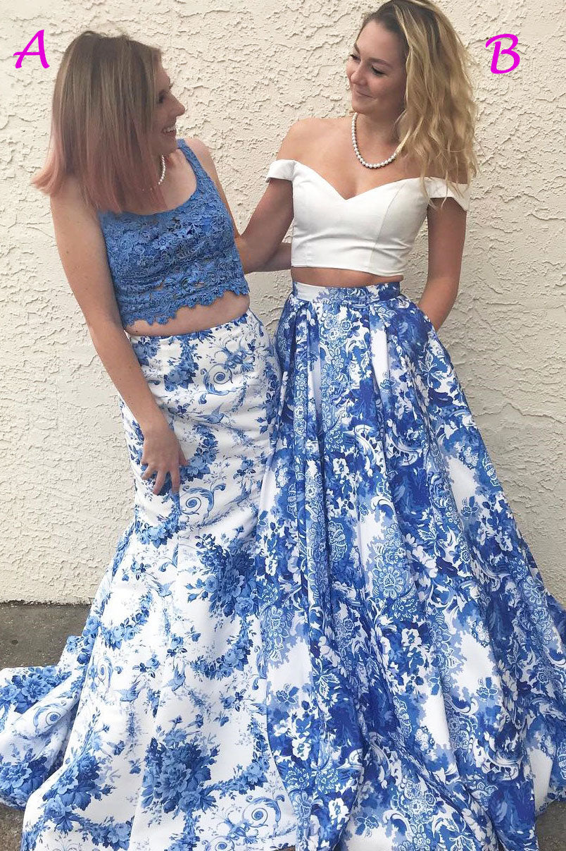 Two Piece Floral Print Navy Blue Long Prom Dress