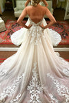 Long A-line Spaghetti Strap Ivory Bridal Dress with White Lace