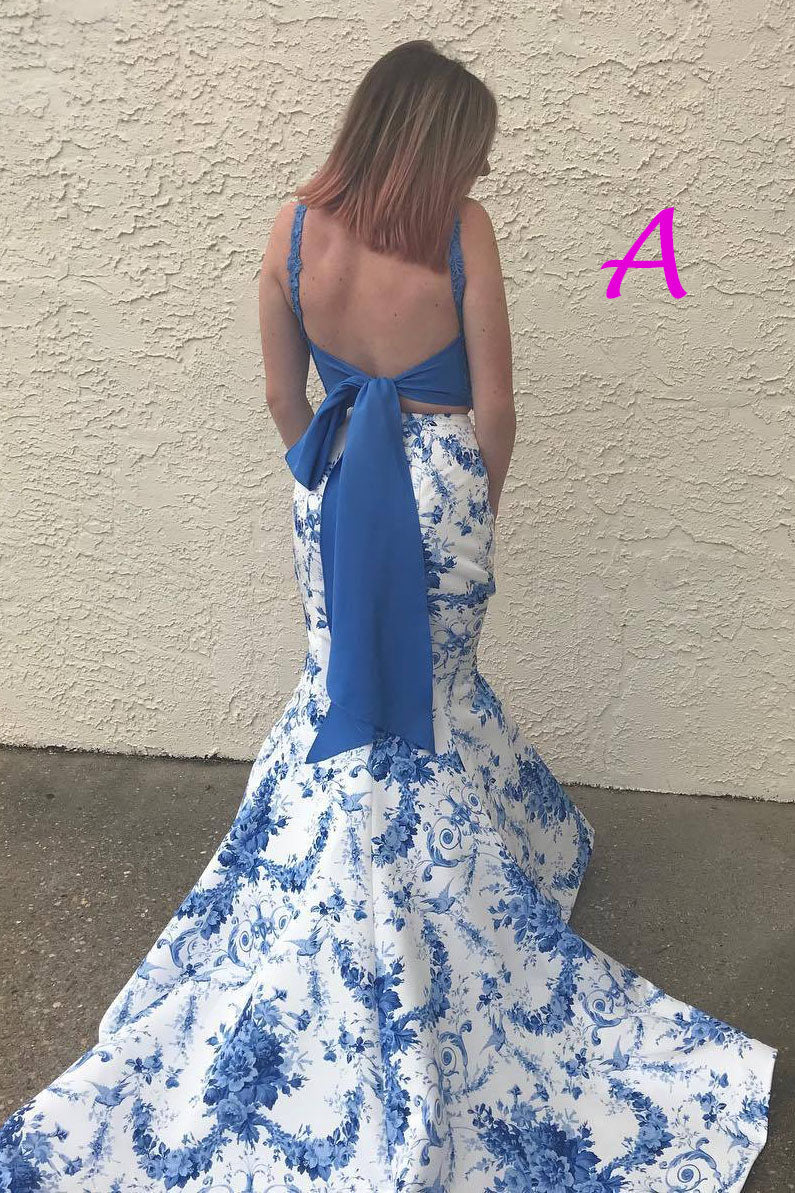 Two Piece Floral Print Navy Blue Long Prom Dress - Main Image