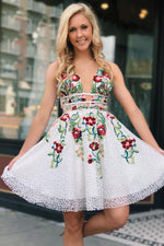 Plunging Neck Floral Embroidery White Homecoming Dress