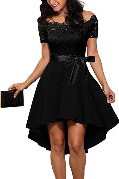 Off the Shoulder Ribbon Hi-Low Black Party Dress with Lace