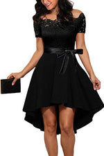 Off the Shoulder Ribbon Hi-Low Black Party Dress with Lace