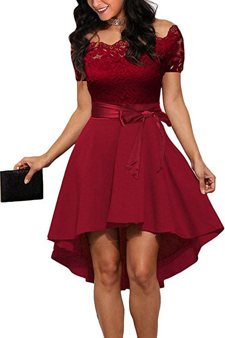 Off the Shoulder Ribbon Hi-Low Black Party Dress with Lace FancyVestido Off the Shoulder Ribbon Hi-Low Black Party Dress with Lace FancyVestido