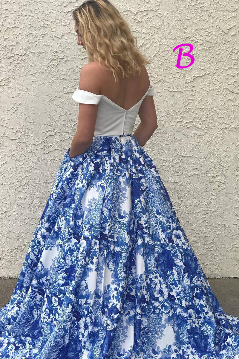 Two Piece Floral Print Navy Blue Long Prom Dress