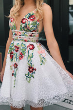 Plunging Neck Floral Embroidery White Homecoming Dress