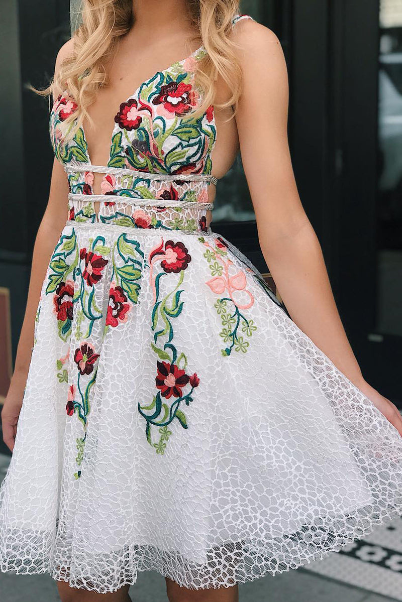 Plunging Neck Floral Embroidery White Homecoming Dress