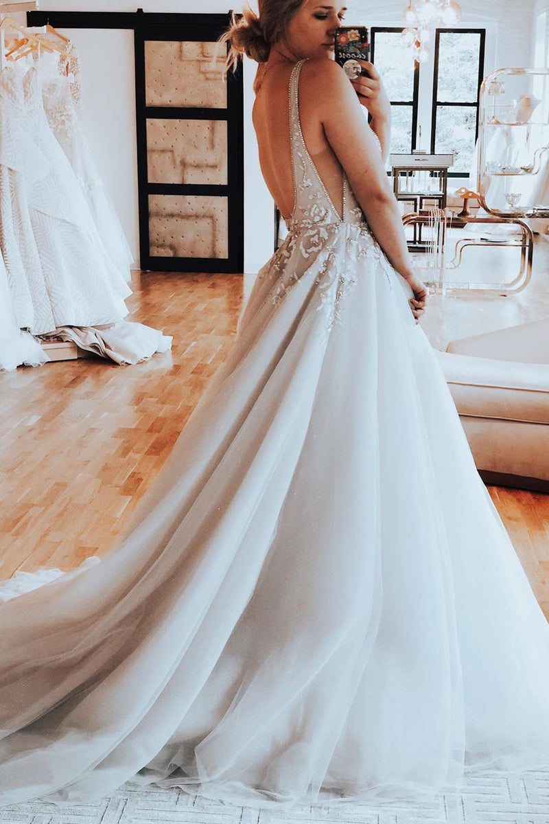 Princess Long A-line Cap Sleeves White Wedding Dress with Lace