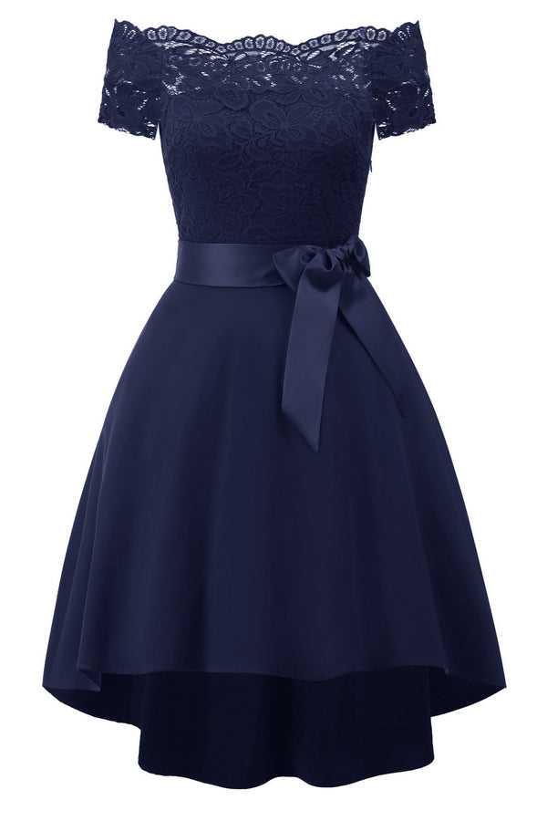 Off the Shoulder Ribbon Hi-Low Black Party Dress with Lace