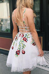 Plunging Neck Floral Embroidery White Homecoming Dress