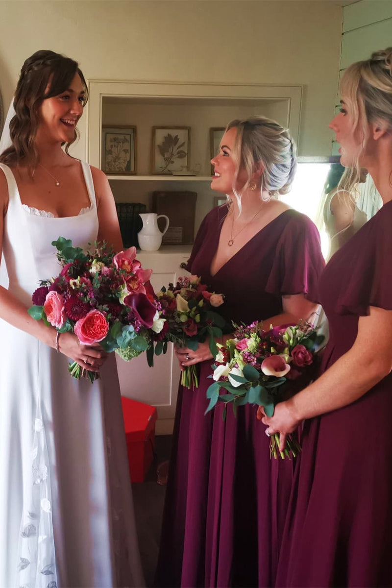 Burgundy V-Neck Chiffon Long Bridesmaid Dress