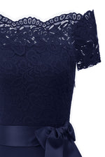 Off the Shoulder Ribbon Hi-Low Black Party Dress with Lace
