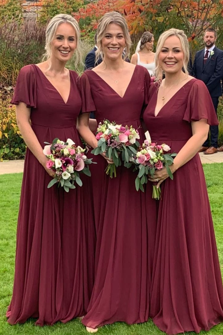 Burgundy V-Neck Chiffon Long Bridesmaid Dress FancyVestido Burgundy V-Neck Chiffon Long Bridesmaid Dress FancyVestido