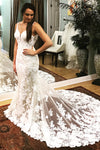 Long Mermaid Open Back Ivory Wedding Dress with White Lace