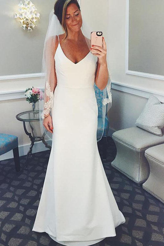 Long V-Neck Spaghetti Strap Mermaid Ivory Wedding Dress