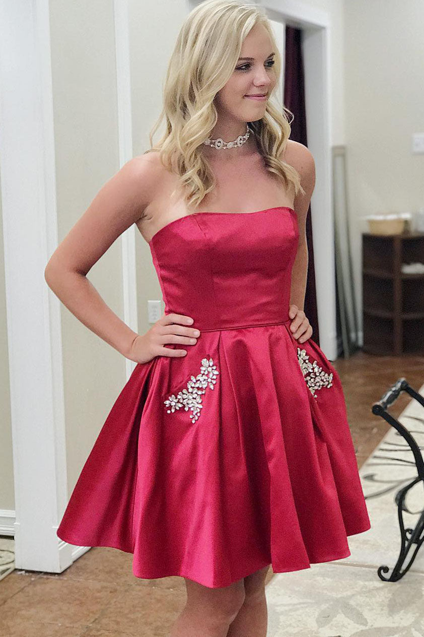 red homecoming dresses with pockets Cute Red A Line Tulle Short Homecoming Dresses with Pocket jkprom