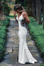 Long Spaghetti Straps Mermaid White Wedding Dress with Beads