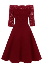 Off the Shoulder Half Sleeves Burgundy Short Party Gown