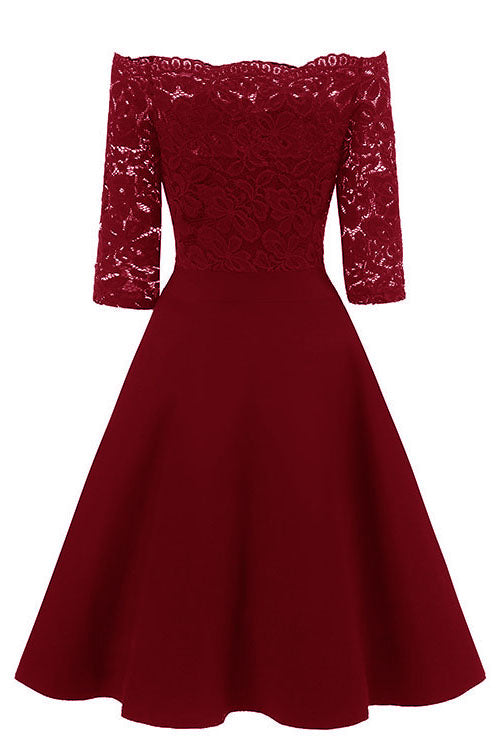 Off the Shoulder Half Sleeves Burgundy Short Party Gown