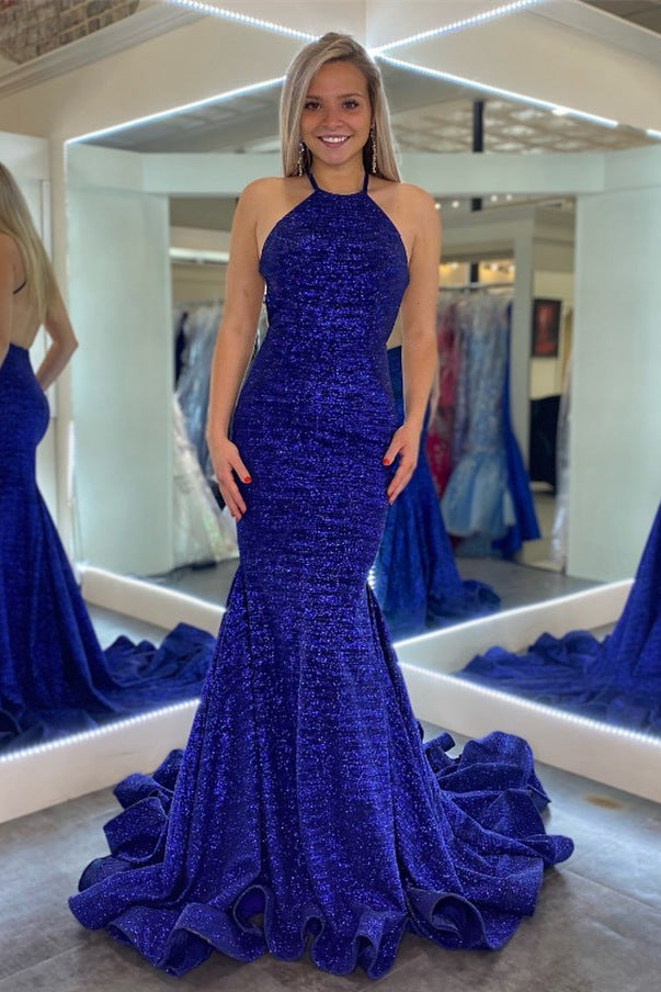 Formal Dress Royal Blue And Silver Prom Halter Royal Blue Mermaid