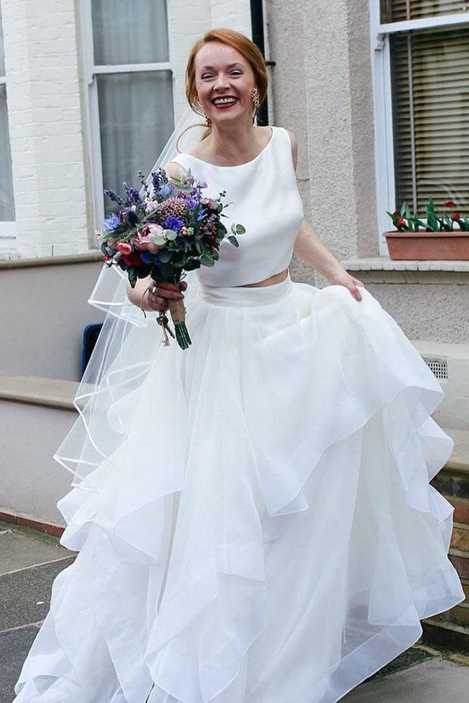 Two Piece Long Ruffles A-line White Wedding Dress