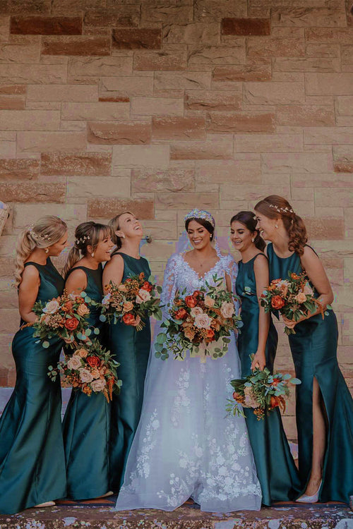 Side Slit Emerald Green Crew Neck Bridesmaid Dress