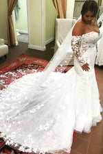 Long Mermaid Off Shoulder White Wedding Dress with Lace